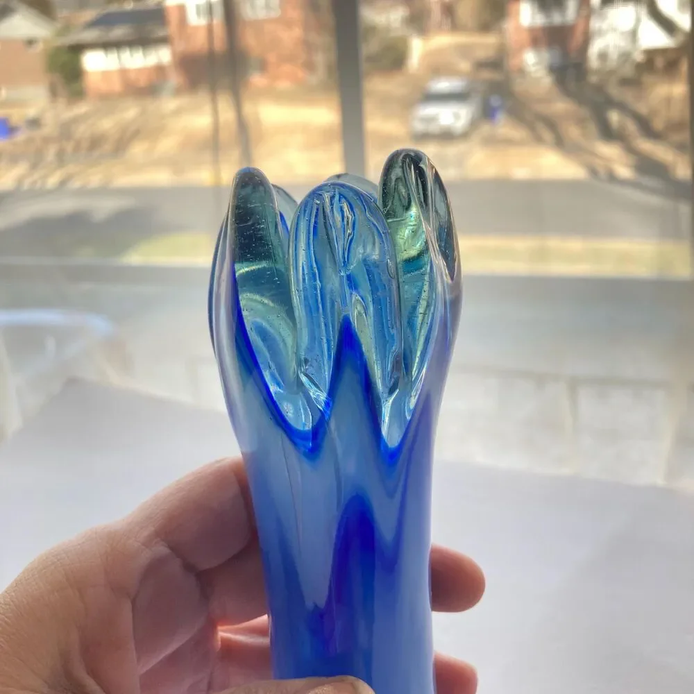 Vintage 5 Finger Blue White Swirl Swung Vase Art Glass Bud Vase Glass 8 inches